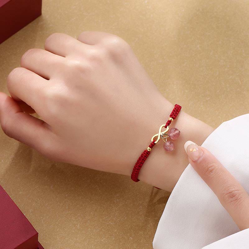 Wear FengShui Strawberry Quartz Crystal Endless Knot Love Healing Red String Weave Bracelet