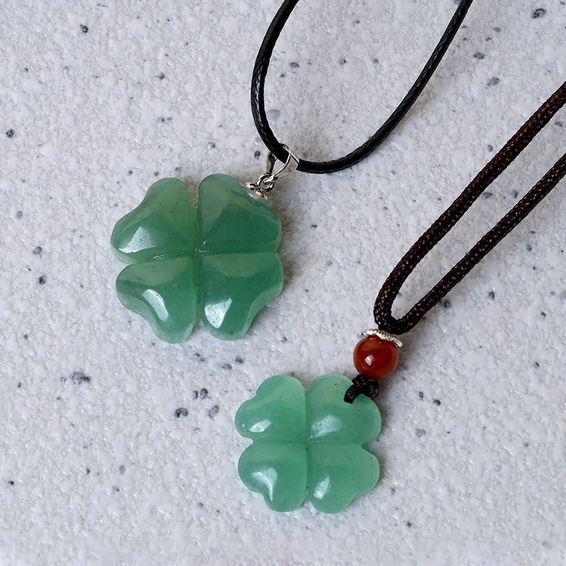 Wear FengShui 925 Sterling Silver Green Aventurine Four Leaf Clover Luck Leather Rope Necklace Pendant