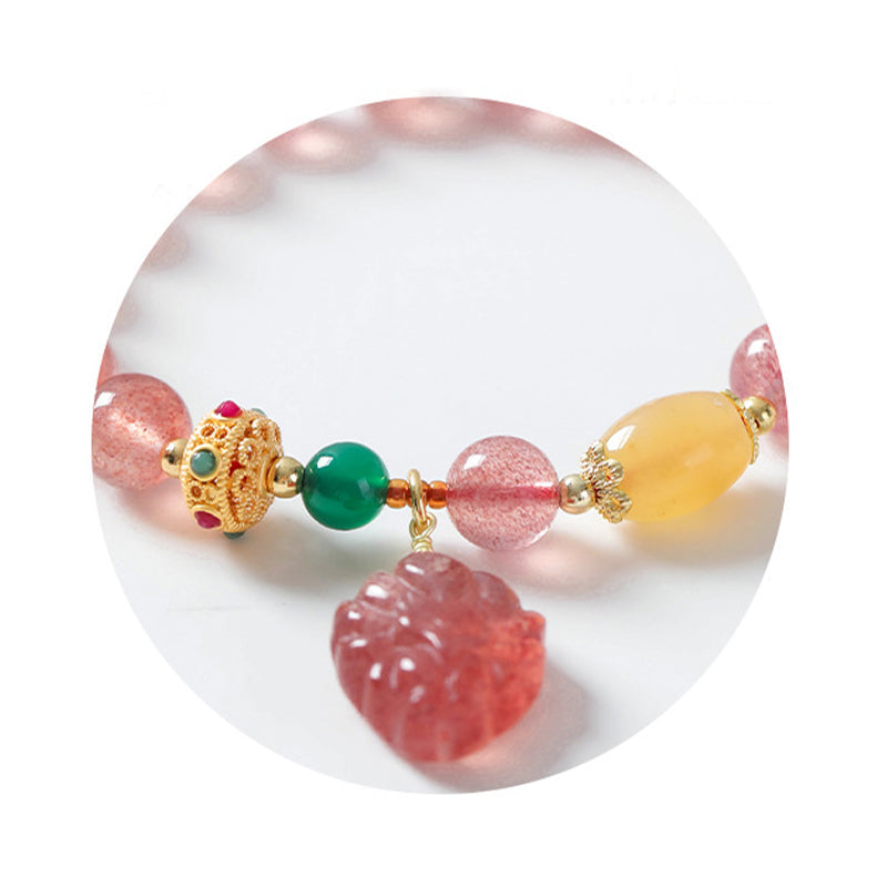 Wear FengShui Natural Strawberry Quartz Nine Tailed Fox Healing Bracelet
