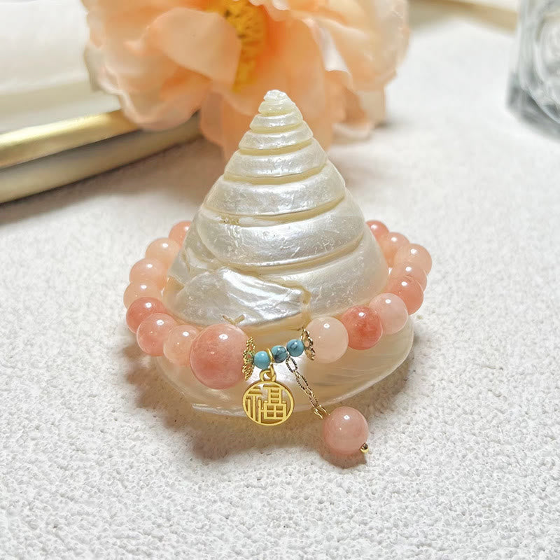 Wear FengShui Natural Orange Stone Turquoise Fu Character Charm Luck Fortune Bracelet