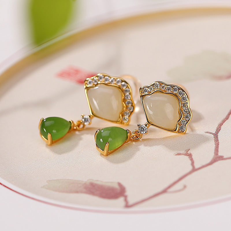Wear FengShui White Jade Cyan Jade Fan Water Drop Pattern Luck Drop Earrings