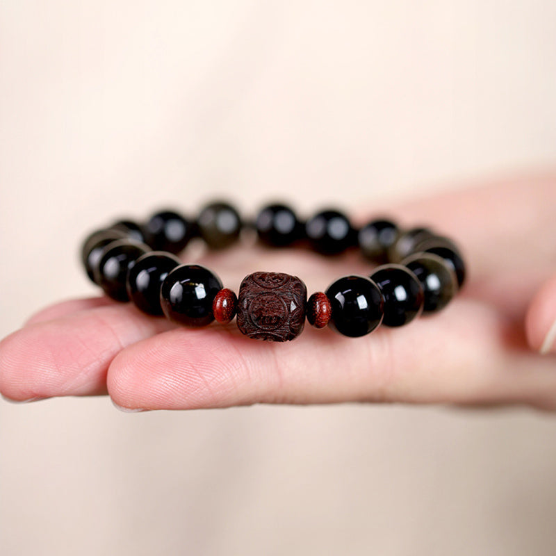 Wear FengShui Natural Gold Sheen Obsidian Rainbow Obsidian Om Mani Padme Hum Fu Character Healing Bracelet