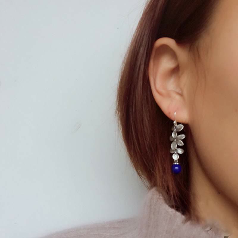 Wear FengShui 925 Sterling Silver Turquoise Lazurite Flower Leaf Serenity Protection Hook Drop Dangle Earrings
