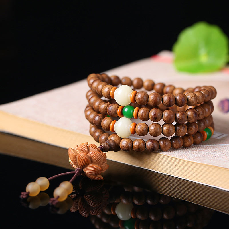 Wear FengShui 108 Mala Beads Peach Wood Bodhi Seed Lotus Prayer Meditation Bracelet