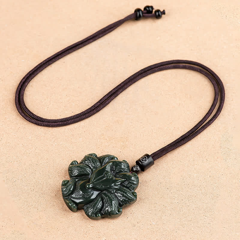 Wear FengShui Hetian Cyan Jade Nine Tailed Fox Luck Necklace String Pendant