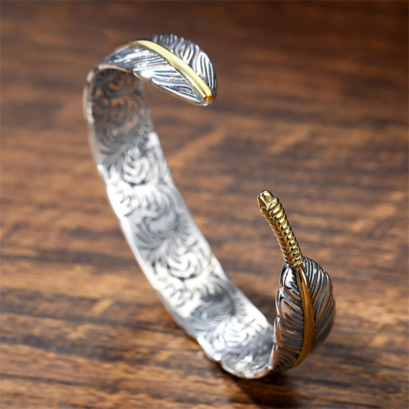 Wear FengShui Feather Pattern Carved Luck Wealth Cuff Bracelet Bangle