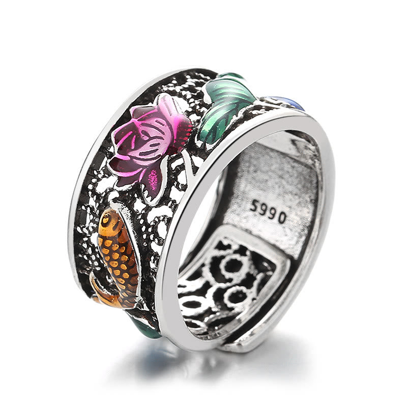 Wear FengShui Copper Blue Enamel Lotus Heart Sutra Koi Fish Luck Ring