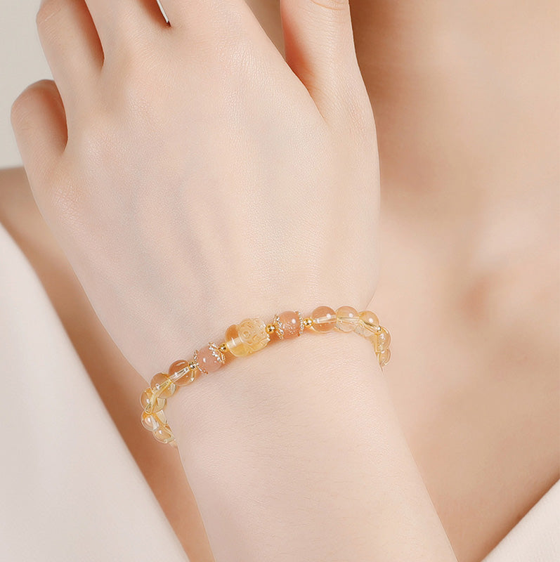 Wear FengShui Aquamarine Strawberry Quartz Amethyst Moonstone PiXiu Healing Bracelet