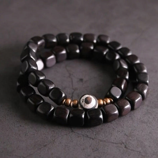 Wear FengShui Ebony Wood Dzi Bead Copper Peace Couple Bracelet