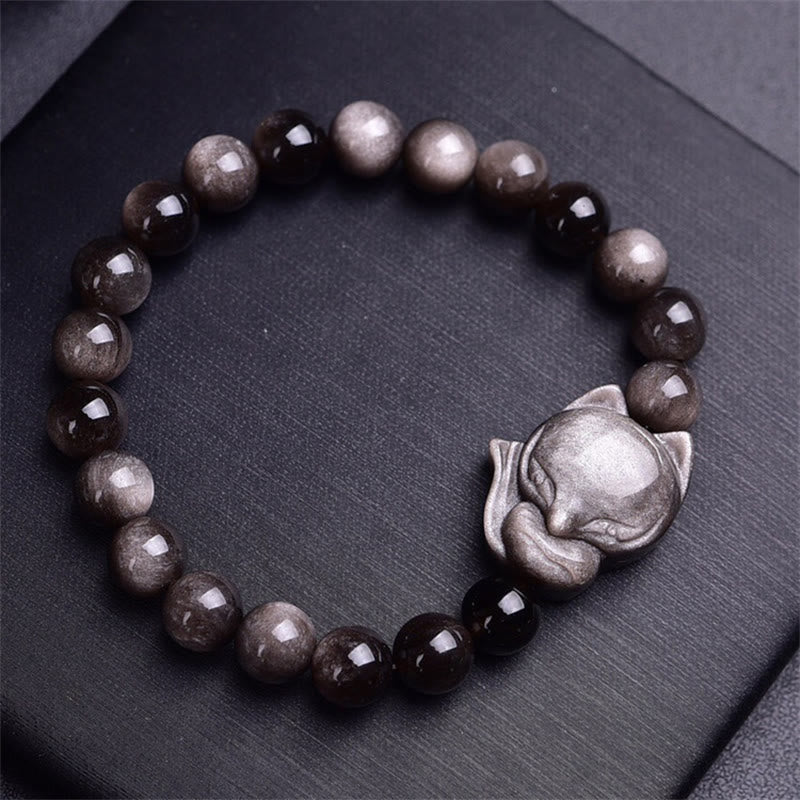 Wear FengShui Natural Silver Sheen Obsidian Fox Protection Bracelet