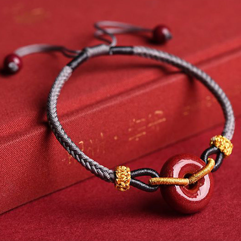 Wear FengShui Handmade Cinnabar Peace Buckle Blessing Braided Rope Bracelet