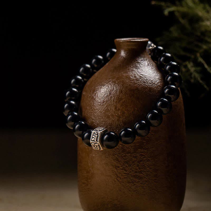 Wear FengShui Chinese Zodiac Natal Buddha 925 Sterling Silver Black Obsidian Moonstone Strength Bracelet
