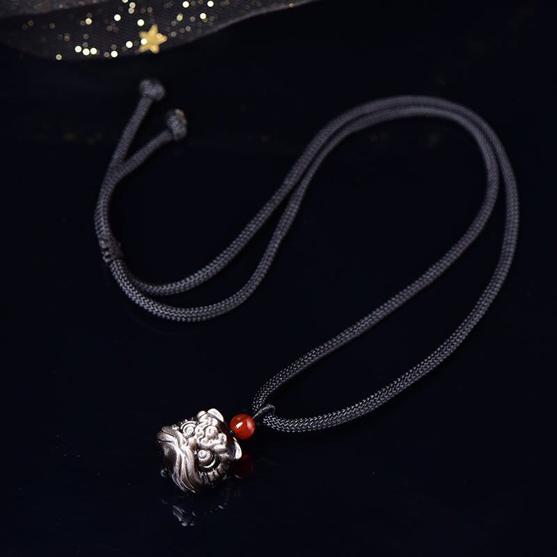 Wear FengShui Natural Silver Sheen Obsidian Dancing Lion Protection Necklace Pendant