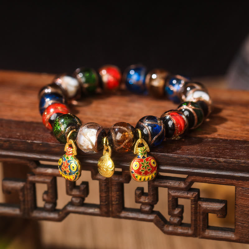 Wear FengShui Five Elements Gold Swallowing Beast Family Charm Liuli Glass Bead Luck Bracelet