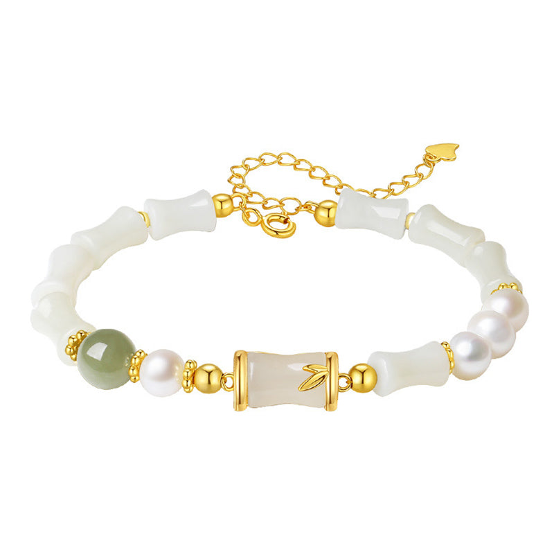 Wear FengShui 925 Sterling Silver Natural Hetian White Jade Bamboo Luck Blessing Bracelet