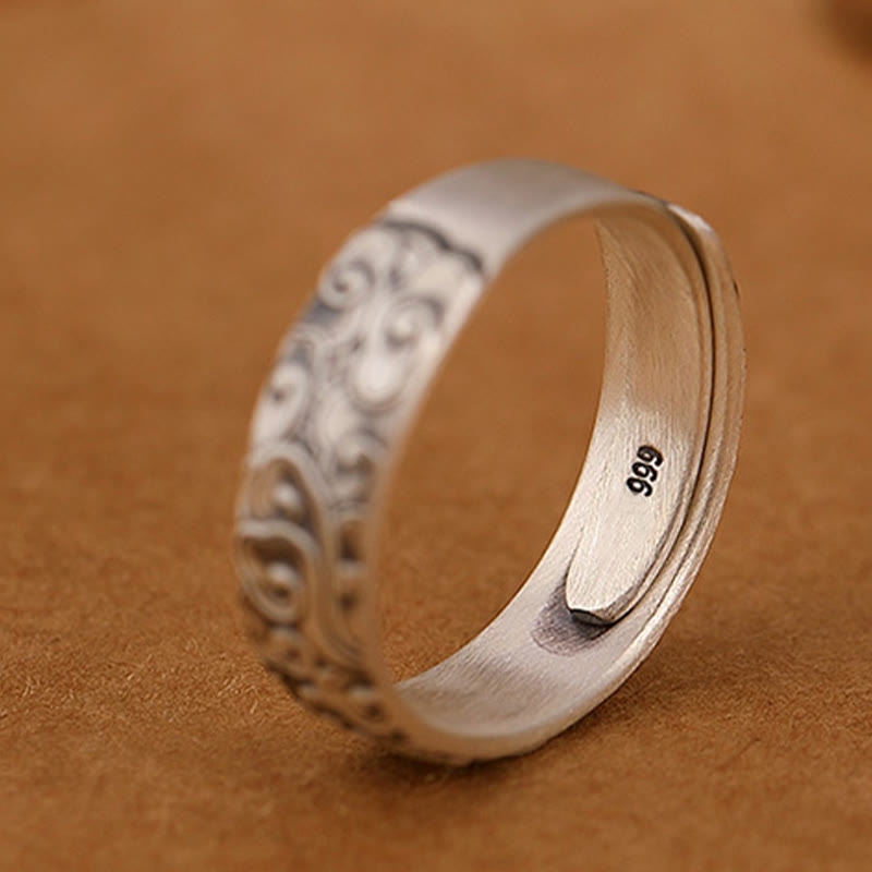 Wear FengShui 999 Sterling Silver Lotus Flower Plum Blossom Auspicious Clouds Engraved Enlightenment Ring