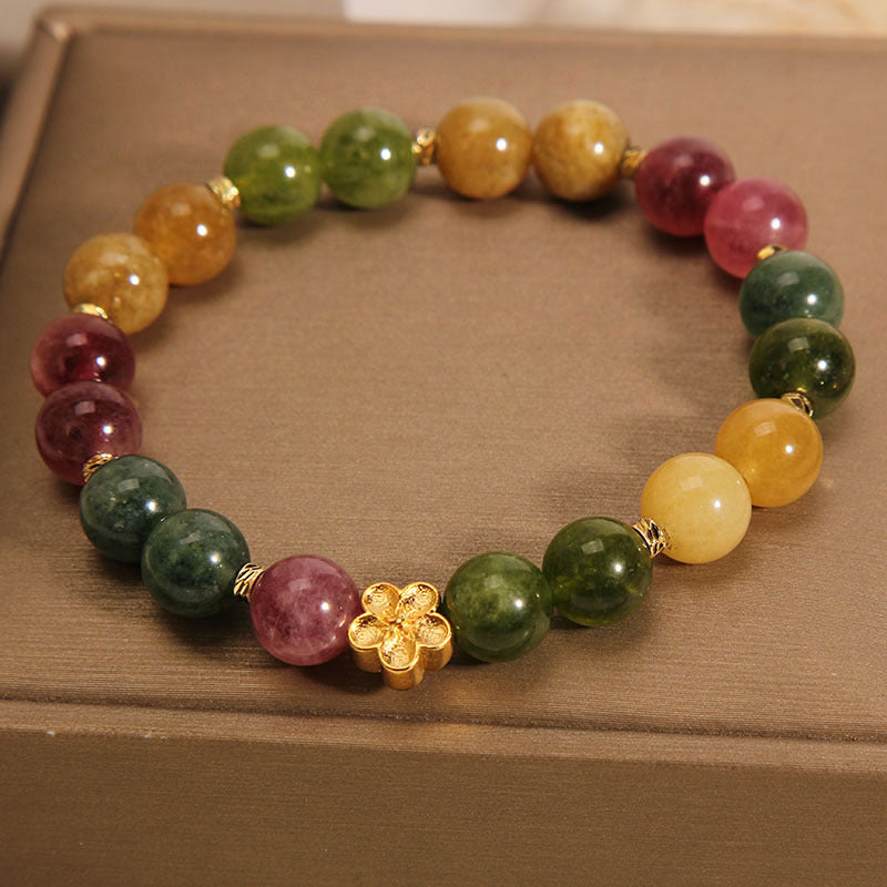 Wear FengShui Natural Colorful Tourmaline Golden Flower Positive Bracelet