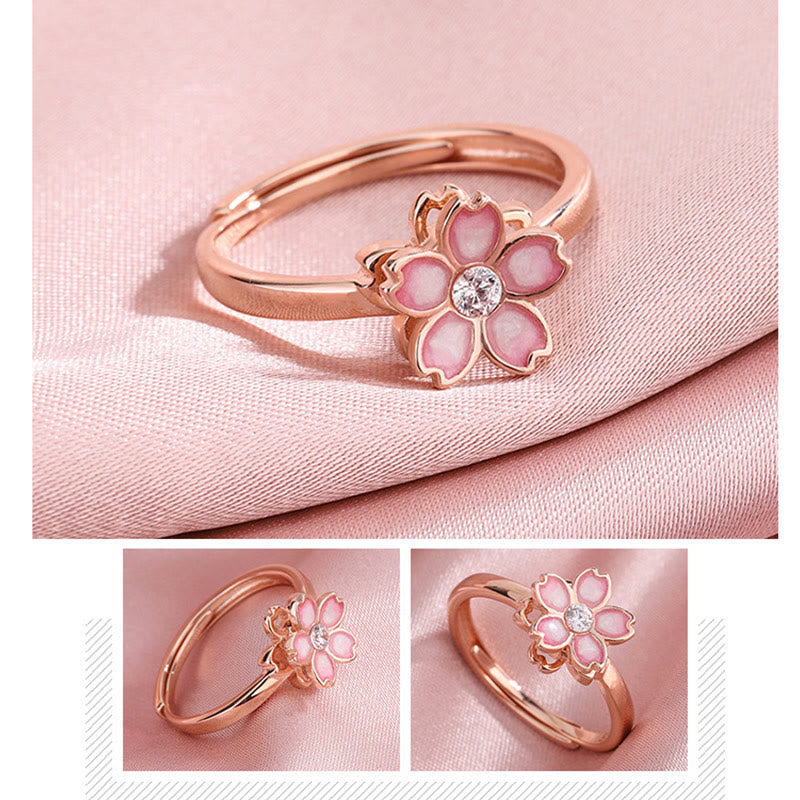 Wear FengShui 925 Sterling Silver Cherry Blossom Blessing Chain Bracelet Rotatable Ring