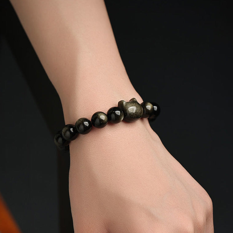 Wear FengShui Gold Sheen Obsidian Silver Sheen Obsidian Lovely Paw Lucky Cat Protection Bracelet