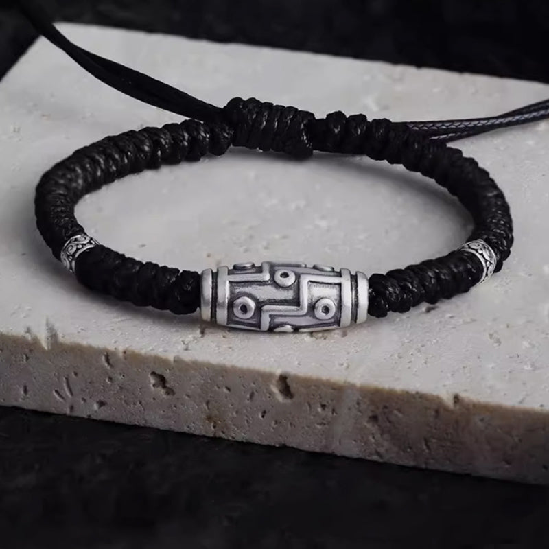 Wear FengShui 999 Sterling Silver Nine-Eye Dzi Bead Pattern Blessing Rope Bracelet
