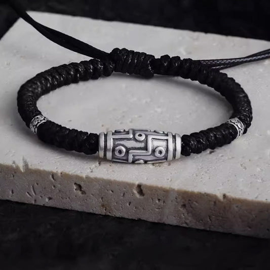 Wear FengShui 999 Sterling Silver Nine-Eye Dzi Bead Pattern Blessing Rope Bracelet