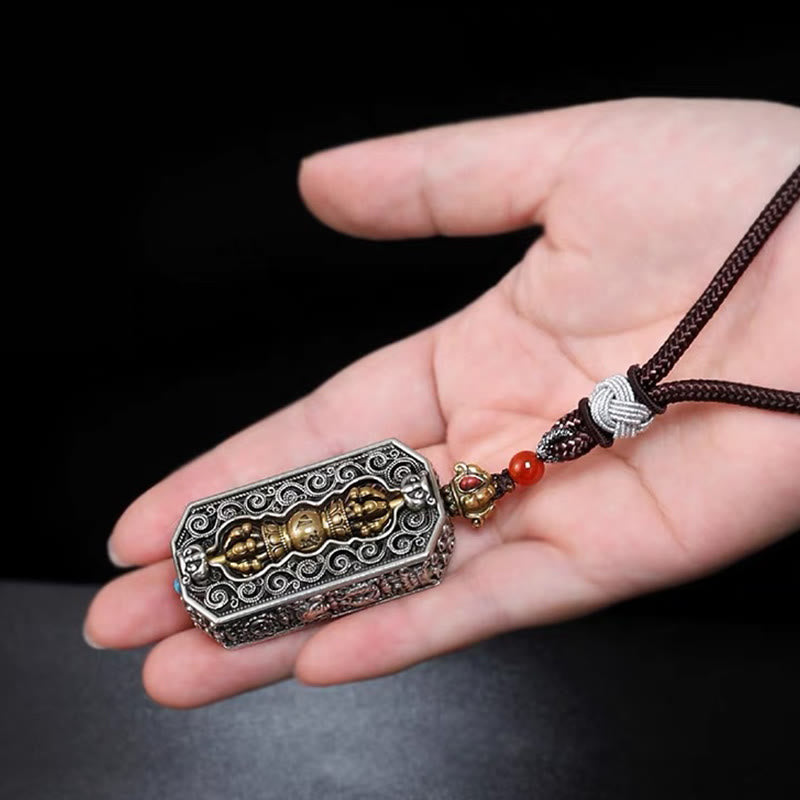 Wear FengShui Tibetan Om Mani Padme Hum Carved Dorje Vajra Rotatable Lotus Pattern Purity Rope Necklace Pendant