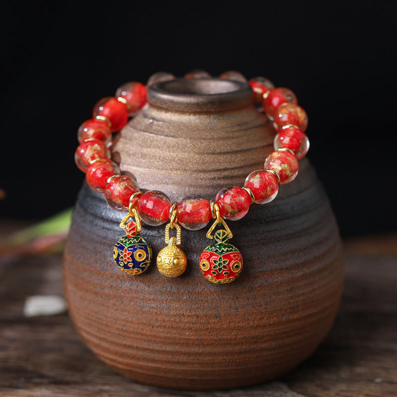 Wear FengShui Gold Swallowing Beast Family Charm Gold Silver Foil Liuli Glass Bead Blessings Bracelet