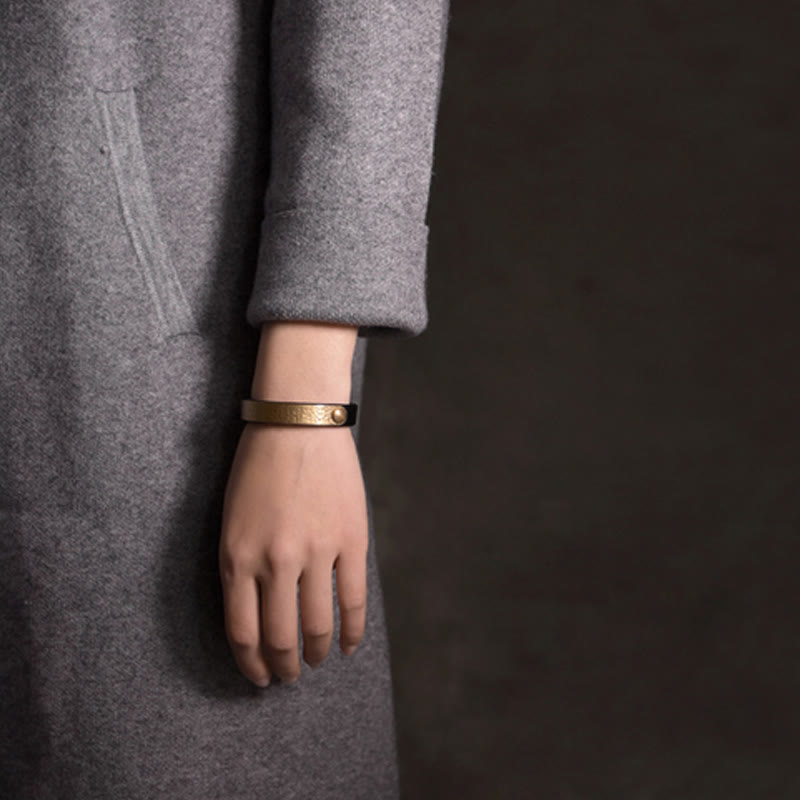 Wear FengShui Vintage Handmade Texture Copper Brass Leather Wealth Bracelet Bangle