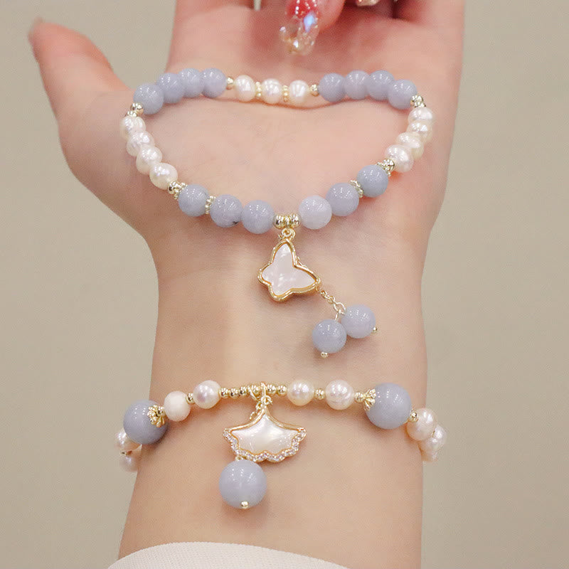 Wear FengShui Natural Aquamarine Pearl Healing Ginkgo Leaf Butterfly Charm Bracelet