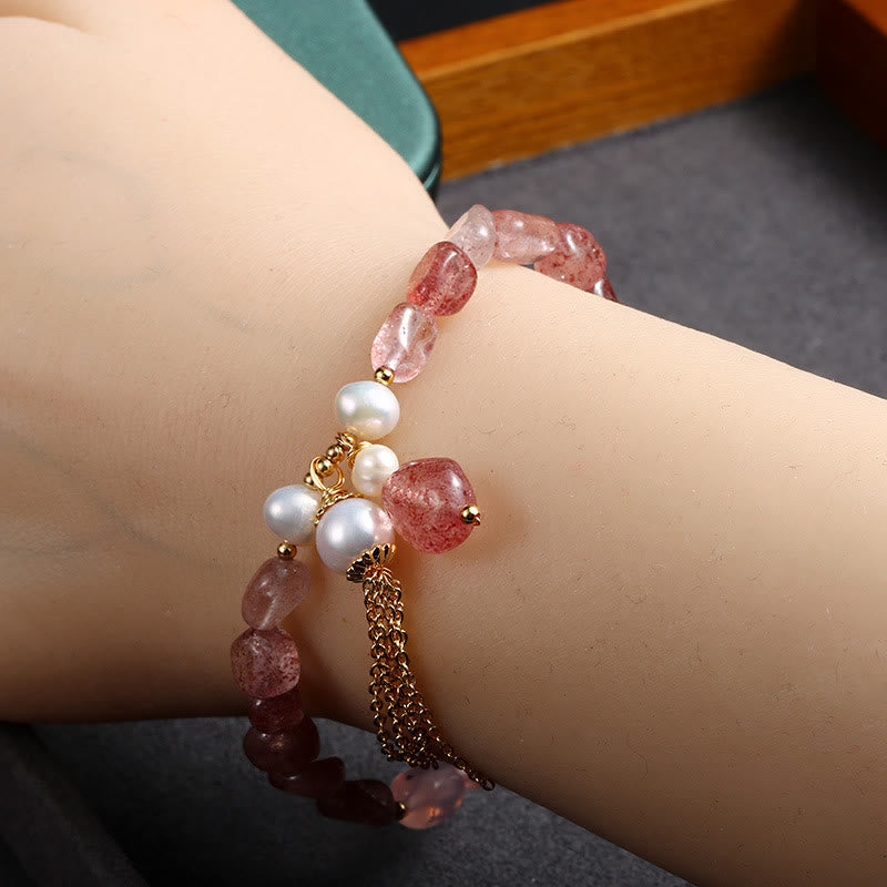 Wear FengShui Natural Strawberry Quartz Pearl 14k Gold Plated Love Healing Bracelet