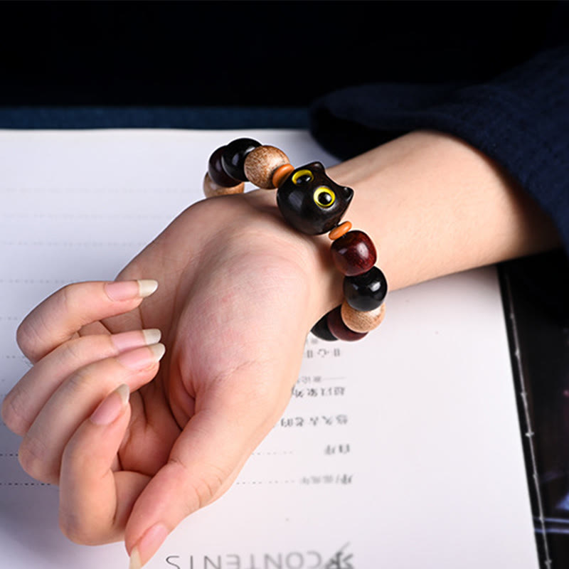 Wear FengShui Small Leaf Red Sandalwood Ebony Wood Cute Cat Engraved Protection Bracelet