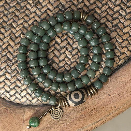 Wear FengShui Cyan Bodhi Seed Dzi Bead Wisdom Peace Triple Wrap Bracelet