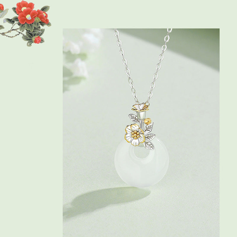 Wear FengShui 925 Sterling Silver Round Chalcedony Twelve Months Flower Harmony Necklace Pendant