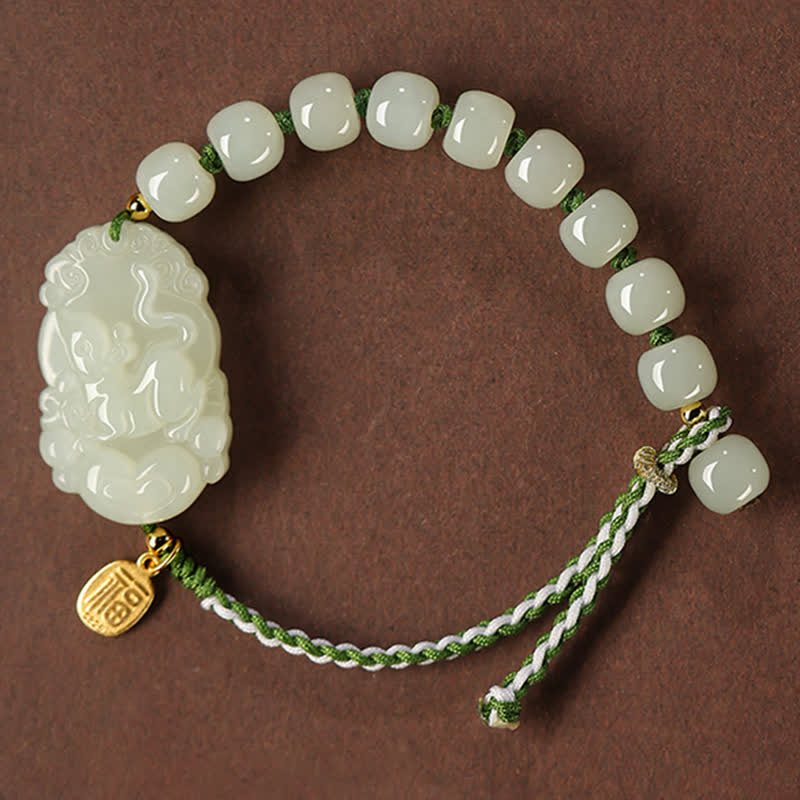 Wear FengShui 925 Sterling Silver Chinese Zodiac Hetian Jade Happiness Luck String Bracelet