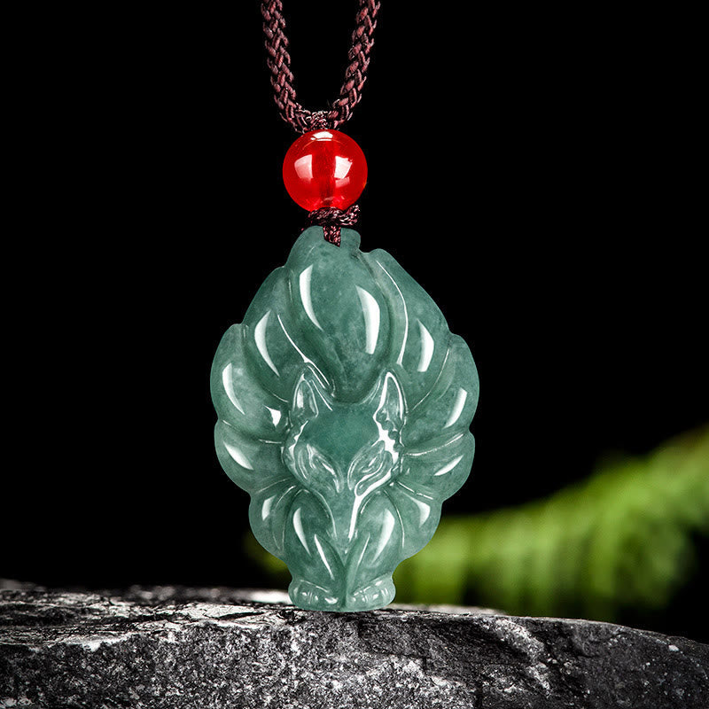 Wear FengShui Natural Green Jade Nine Tailed Fox Luck Necklace Pendant