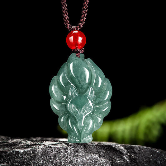 Wear FengShui Natural Green Jade Nine Tailed Fox Luck Necklace Pendant