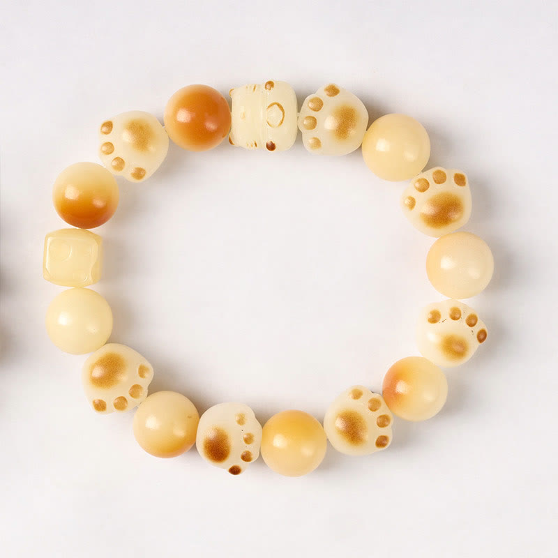 Wear FengShui Natural Bodhi Seed Sandalwood Lucky Cute Cat Head Paw Claw Peace Bracelet