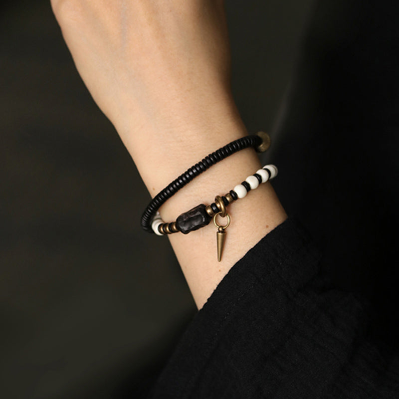 Wear FengShui Bone Beads Ebony Wood Copper Strength Couple Bracelet
