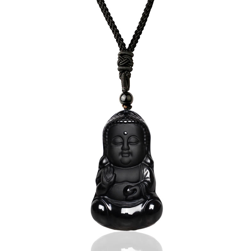 Wear FengShui Natural Black Obsidian Crystal Buddha Strength Protection Amulet Lucky Charm Pendant Necklace