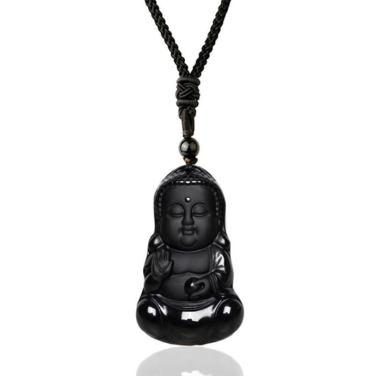 Wear FengShui Natural Black Obsidian Crystal Buddha Strength Protection Amulet Lucky Charm Pendant Necklace