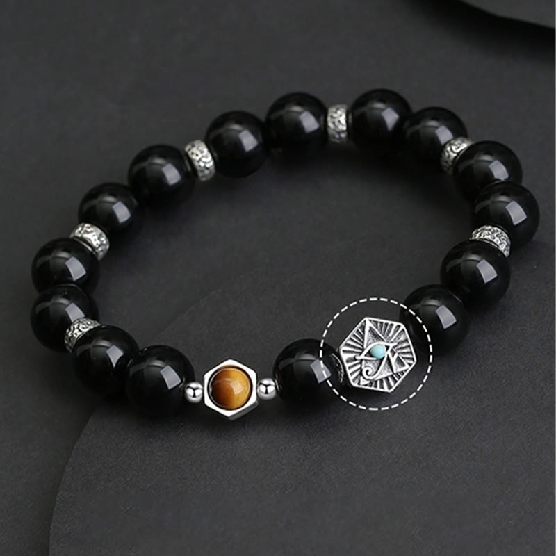 Wear FengShui 925 Sterling Silver Black Obsidian Tiger Eye Eye of Providence Purification Bracelet