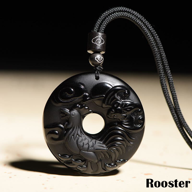 Wear FengShui Chinese Zodiac Natural Black Obsidian Peace Buckle Strength Necklace Pendant