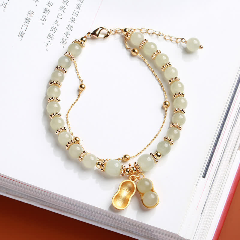 Wear FengShui 925 Sterling Silver Natural Hetian Jade Good Things Happen Peanut Charm Bracelet