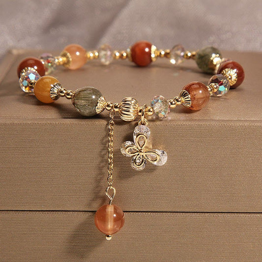 Wear FengShui Natural Fu Lu Shou Rainbow Crystal Rutilated Quartz Wealth Butterfly Charm Bracelet