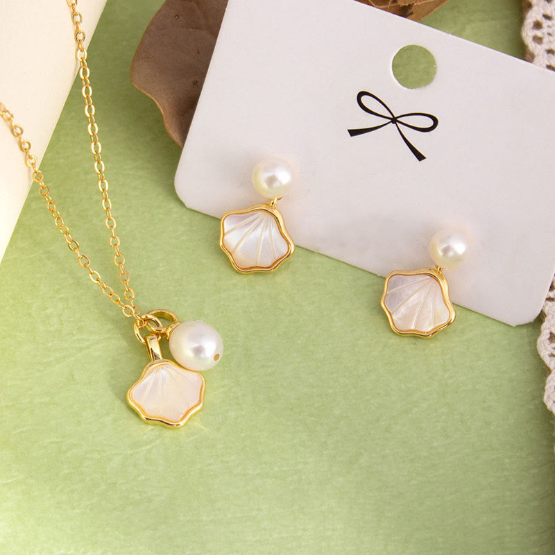 Wear FengShui Ginkgo Tridacna Stone Pearl Bead Copper Blessing Necklace Pendant Ring Earrings Set