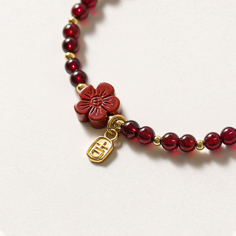 Wear FengShui 14K Gold Plated Natural Garnet Cinnabar Flower Calm Bracelet