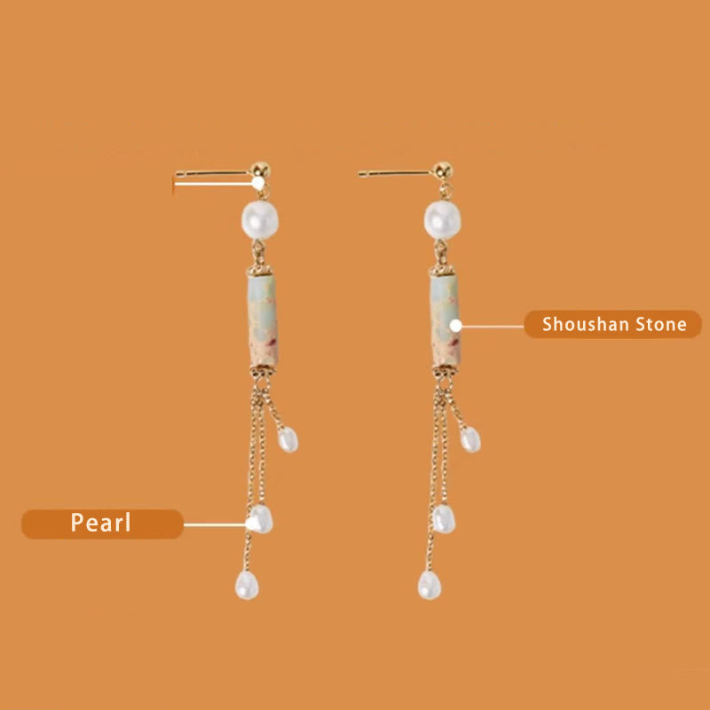Wear FengShui 925 Sterling Silver Posts Shoushan Stone Pearl Healing Drop Earrings
