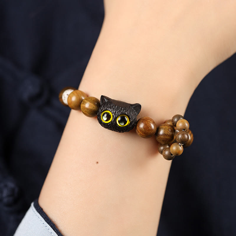 Wear FengShui Green Sandalwood Ebony Wood Cat Peace Soothing Bracelet
