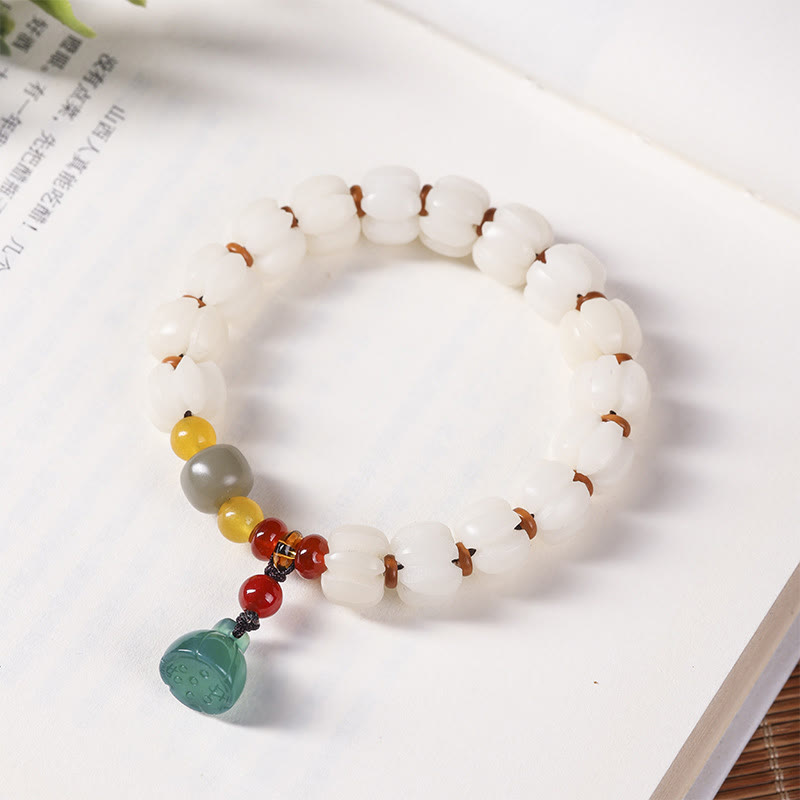 Wear FengShui Natural Bodhi Seed Red Agate Bodhi Calm Harmony Engraved Pumpkin Bead Lotus Bracelet