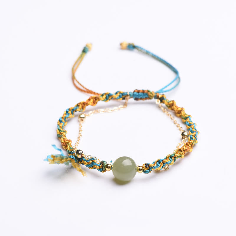 Wear FengShui Handmade Colorful Rope Luck Jade Bead Abundance Double Layer Bracelet